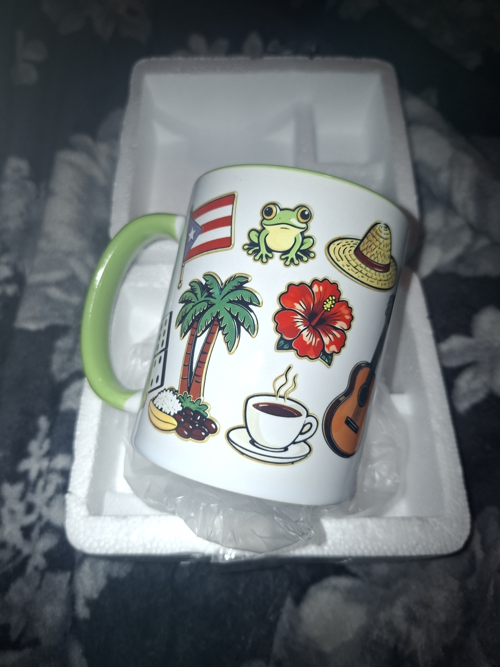 White Ceramic Coffee Mug with Green Handle and Tropical Decal